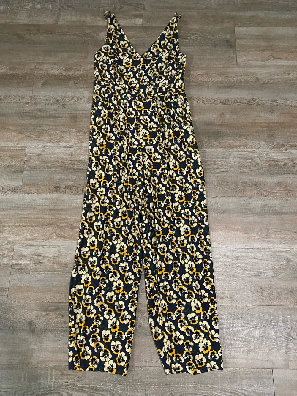 Madewell Black Floral V-Neck Wide-Leg Jumpsuit with Yellow Accents